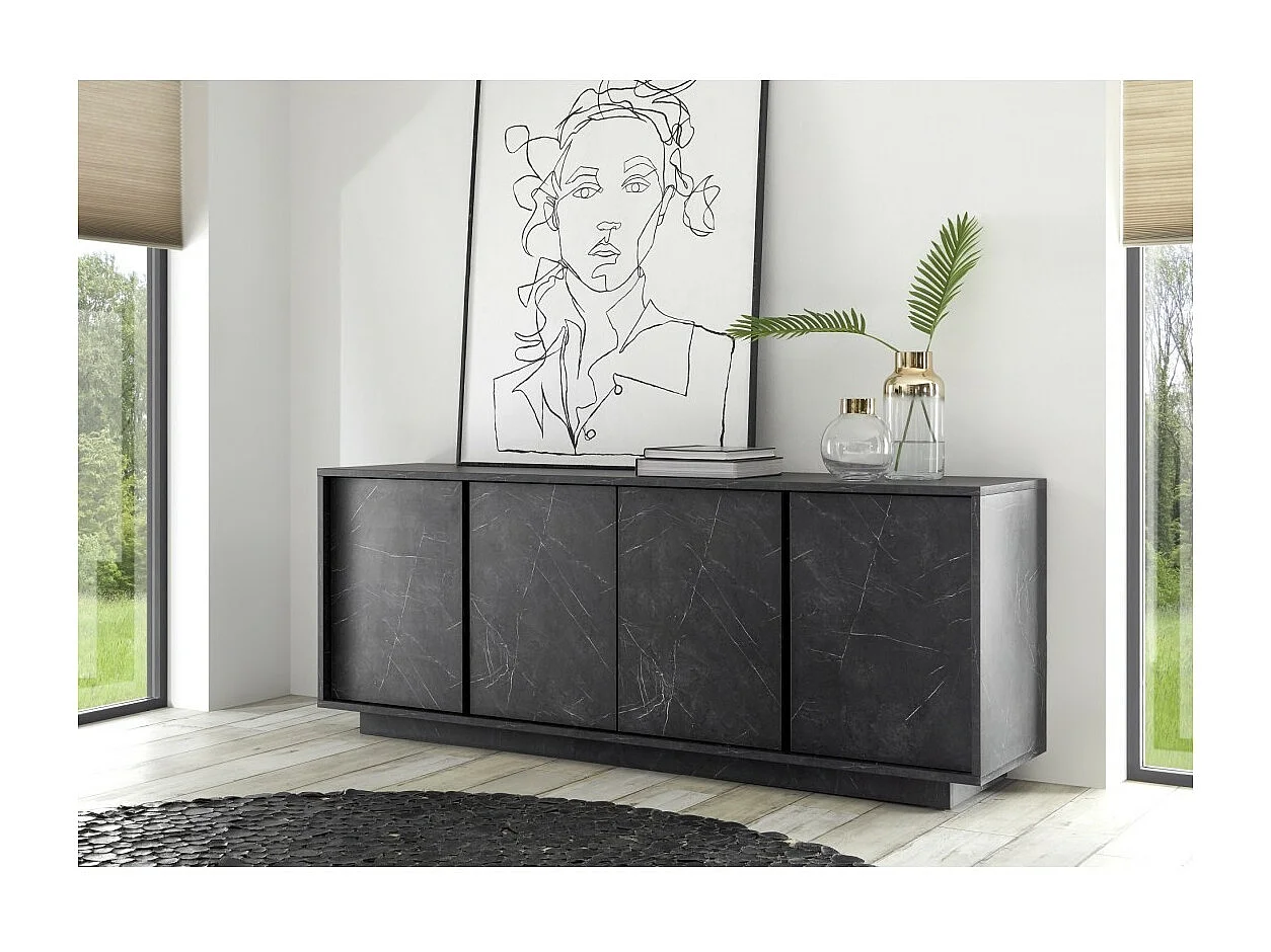 Buffet de 4 puertas, colección COLOMARMO, color negro efecto mármol, ideal para su sala de estar o comedor.