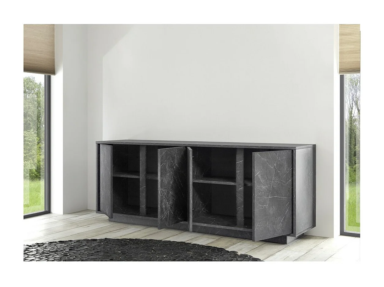 Buffet de 4 puertas, colección COLOMARMO, color negro efecto mármol, ideal para su sala de estar o comedor.