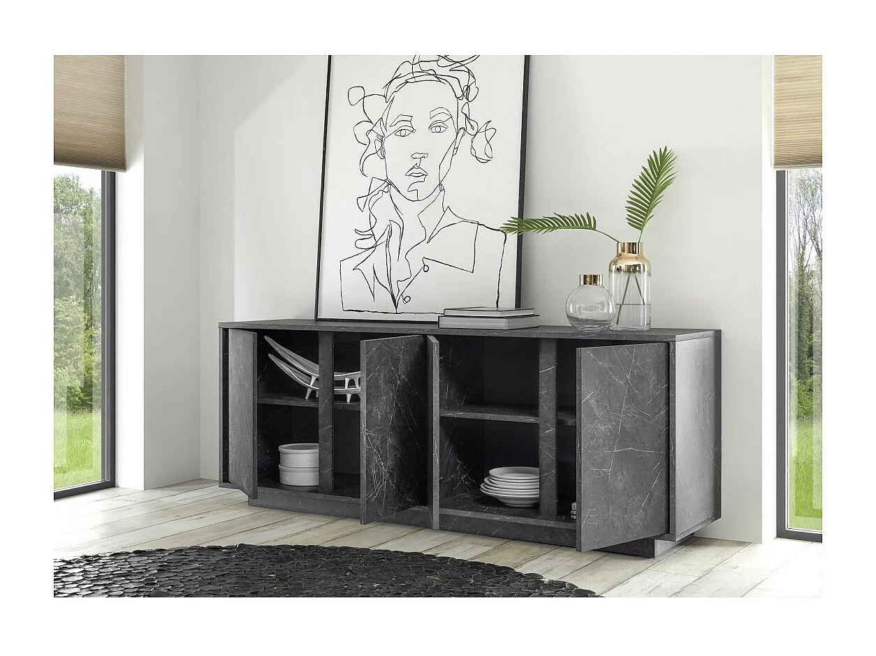 Buffet de 4 puertas, colección COLOMARMO, color negro efecto mármol, ideal para su sala de estar o comedor.