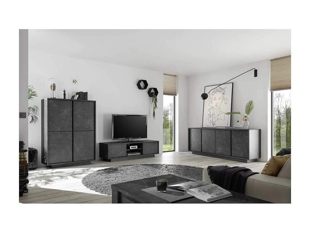 Buffet de 4 puertas, colección COLOMARMO, color negro efecto mármol, ideal para su sala de estar o comedor.