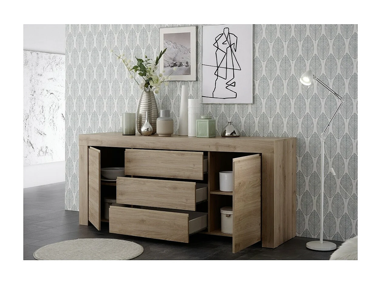 Buffet 2 portes et 3 tiroirs, collection ZEFIR, coloris chêne clair, parfait pour votre salon