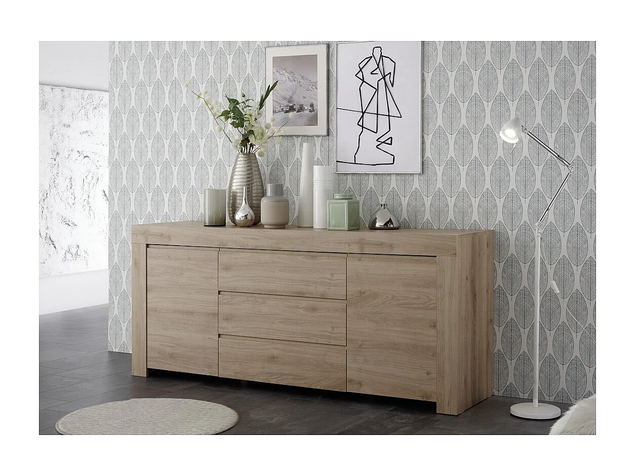 Buffet 2 portes et 3 tiroirs, collection ZEFIR, coloris chêne clair, parfait pour votre salon