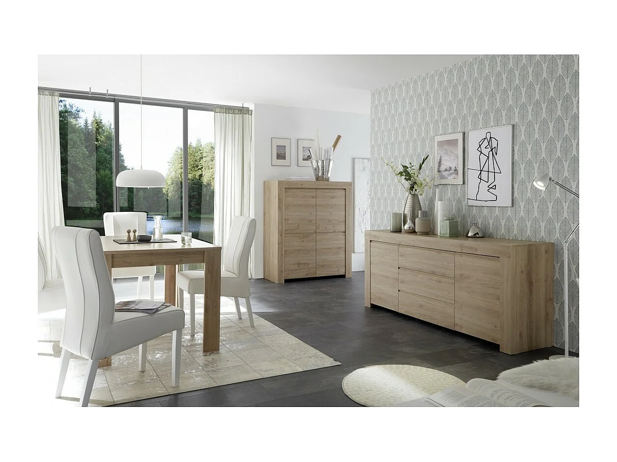 Buffet 2 portes et 3 tiroirs, collection ZEFIR, coloris chêne clair, parfait pour votre salon
