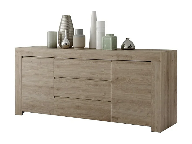 Buffet 2 portes et 3 tiroirs, collection ZEFIR, coloris chêne clair, parfait pour votre salon