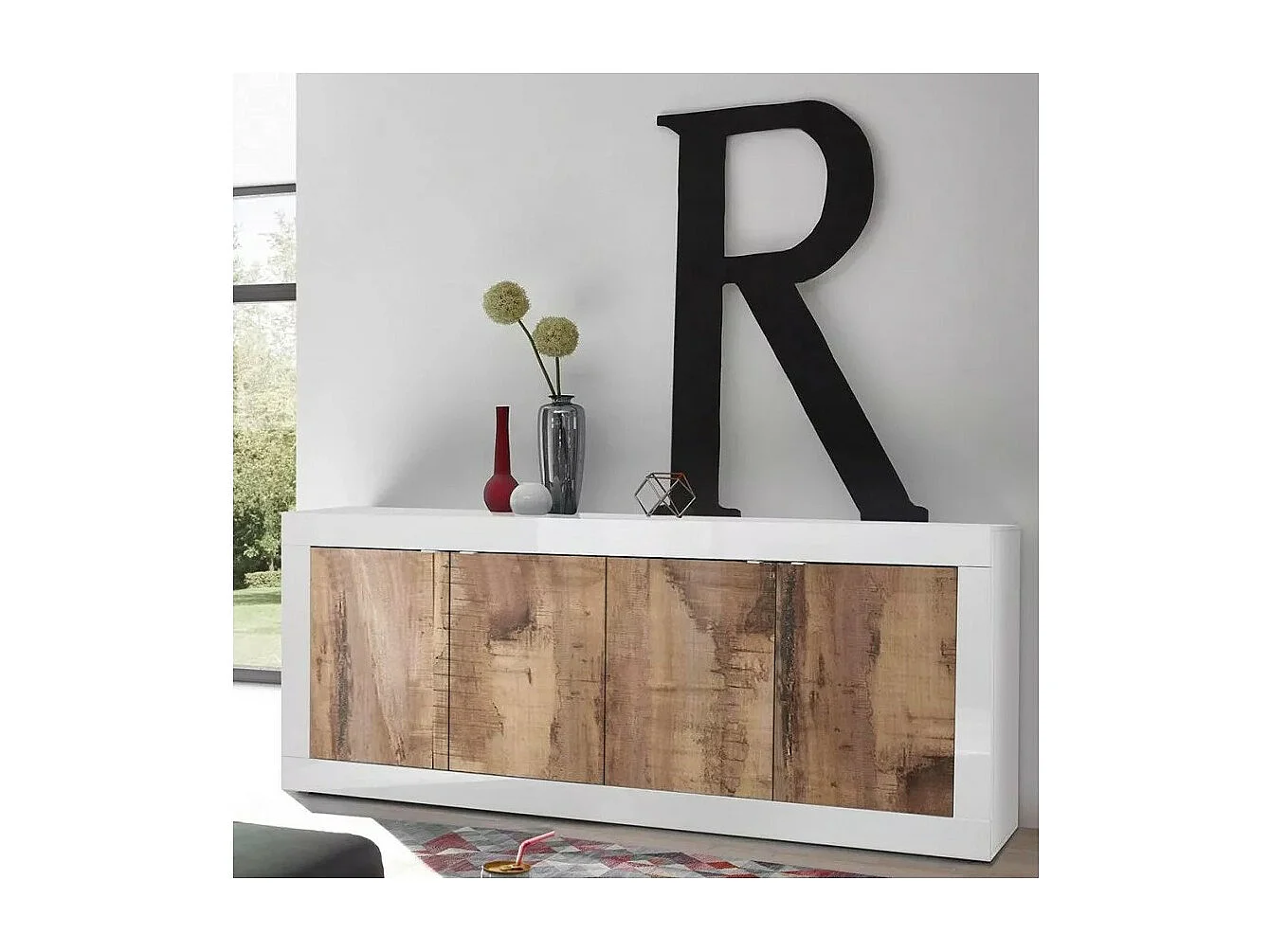 Buffet 4 portas, coleção CISA, cores branco e carvalho claro, ideal para uma sala de estar ou sala de jantar moderna.