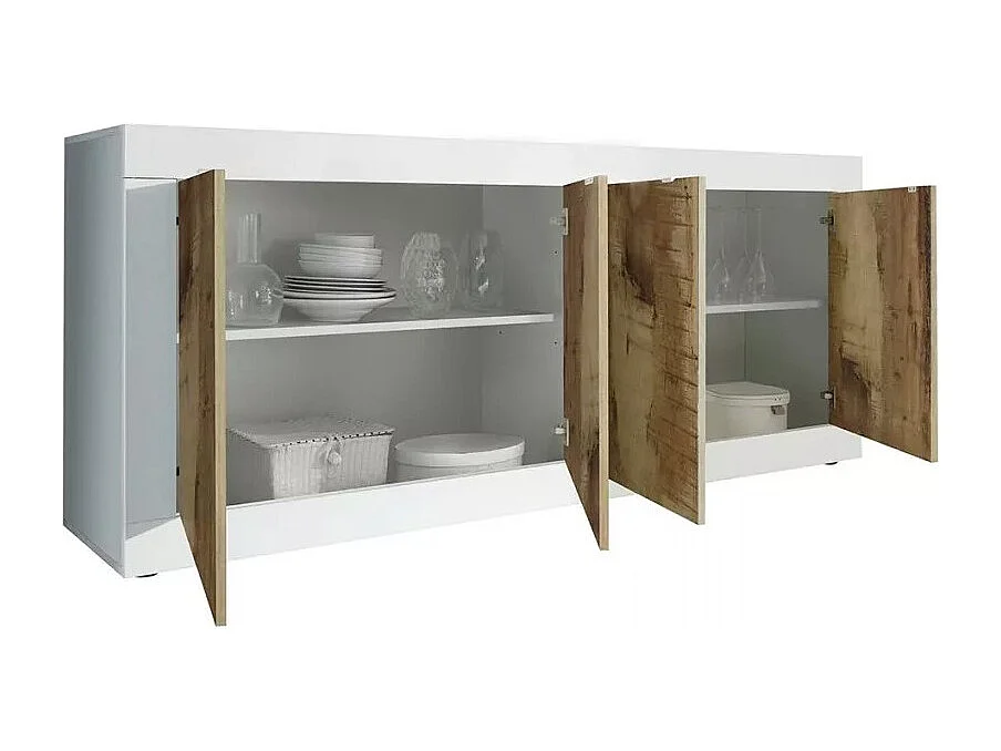 Buffet 4 portas, coleção CISA, cores branco e carvalho claro, ideal para uma sala de estar ou sala de jantar moderna.