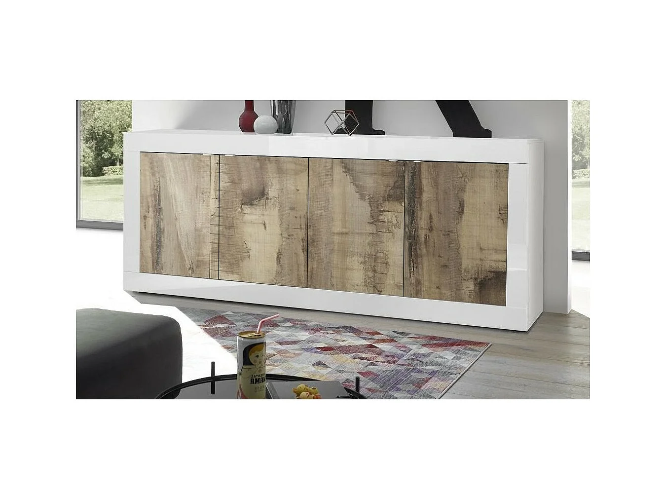 Buffet 4 portas, coleção CISA, cores branco e carvalho claro, ideal para uma sala de estar ou sala de jantar moderna.