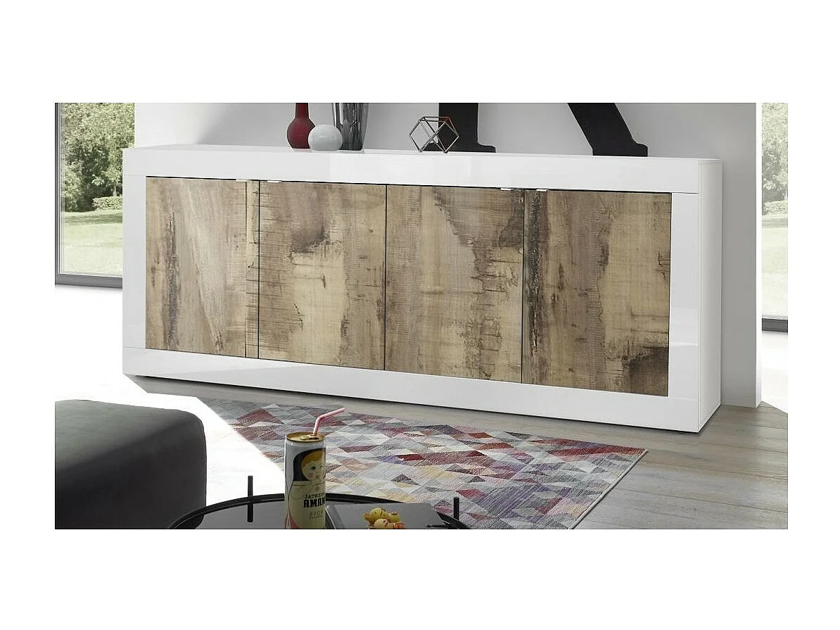 Buffet 4 portas, coleção CISA, cores branco e carvalho claro, ideal para uma sala de estar ou sala de jantar moderna.