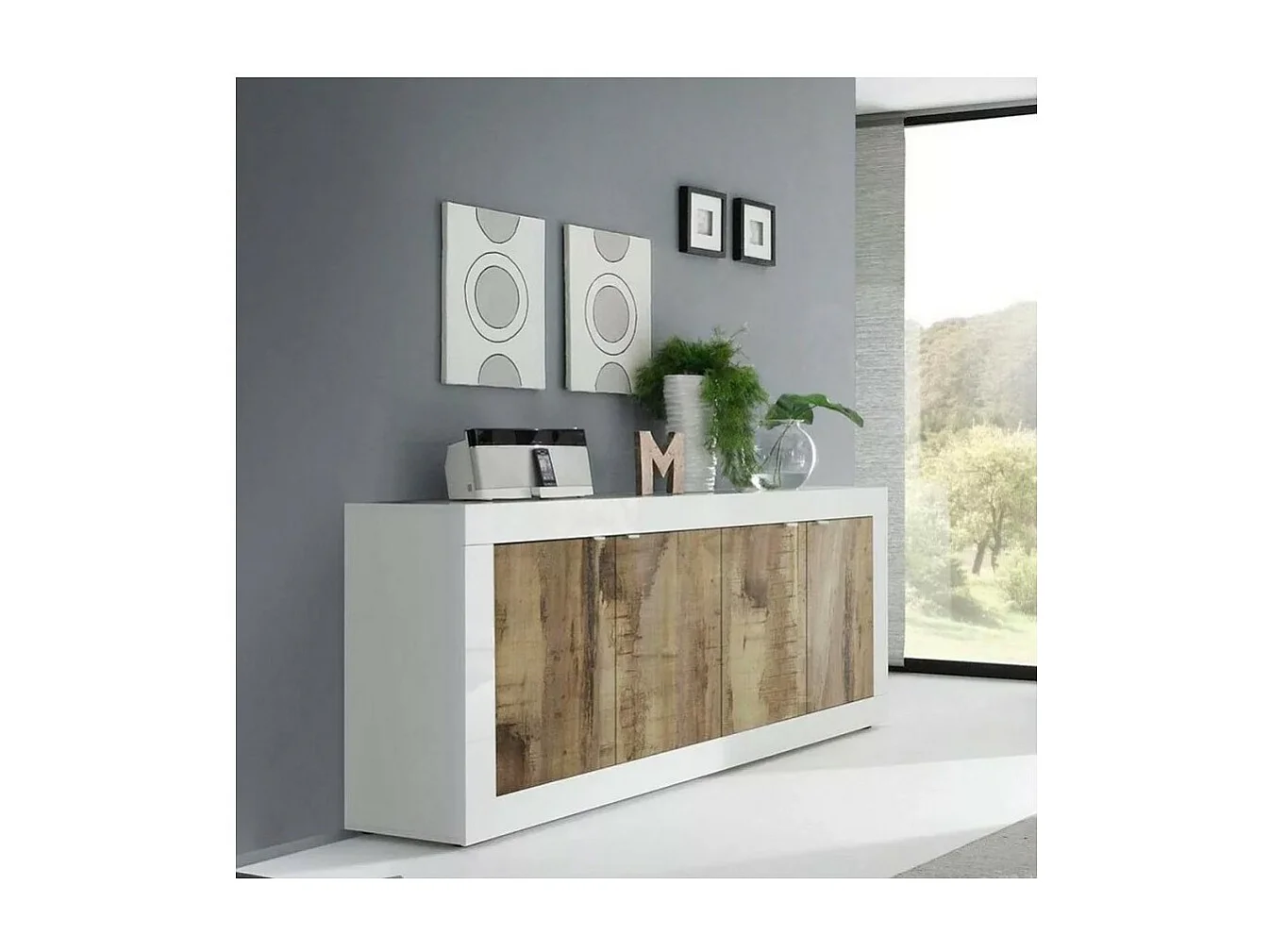 Buffet 4 portas, coleção CISA, cores branco e carvalho claro, ideal para uma sala de estar ou sala de jantar moderna.