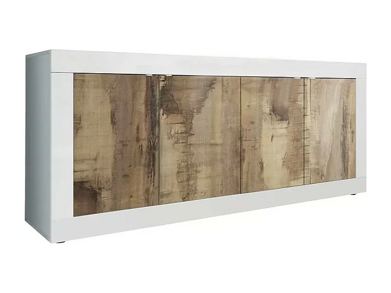 Buffet 4 portas, coleção CISA, cores branco e carvalho claro, ideal para uma sala de estar ou sala de jantar moderna.