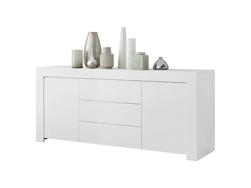 Buffet 2 portes et 3 tiroirs, collection ZEFIR, coloris blanc mat, parfait pour votre salon