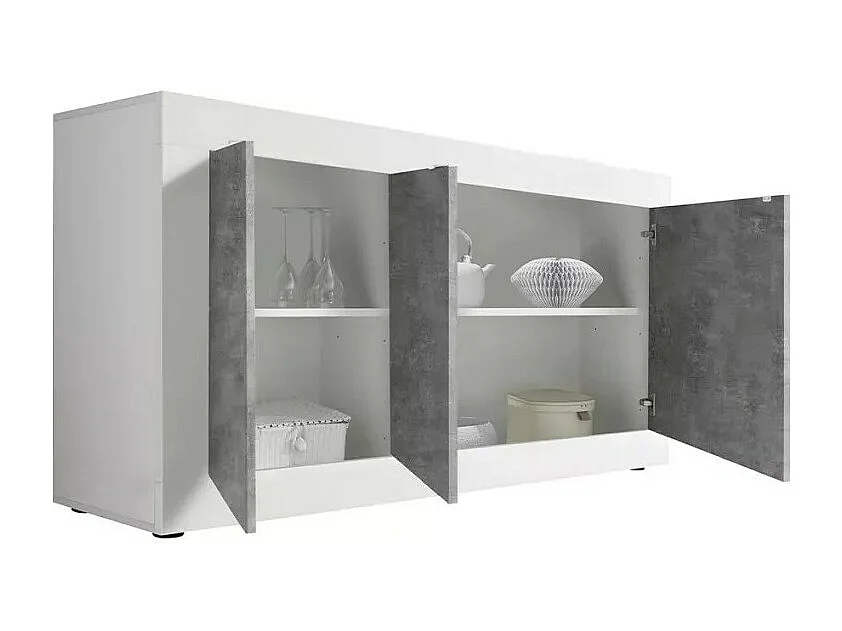 Buffet 3 portes, collection ISORA, coloris blanc et gris effet béton, idéal pour votre salon ou salle à manger