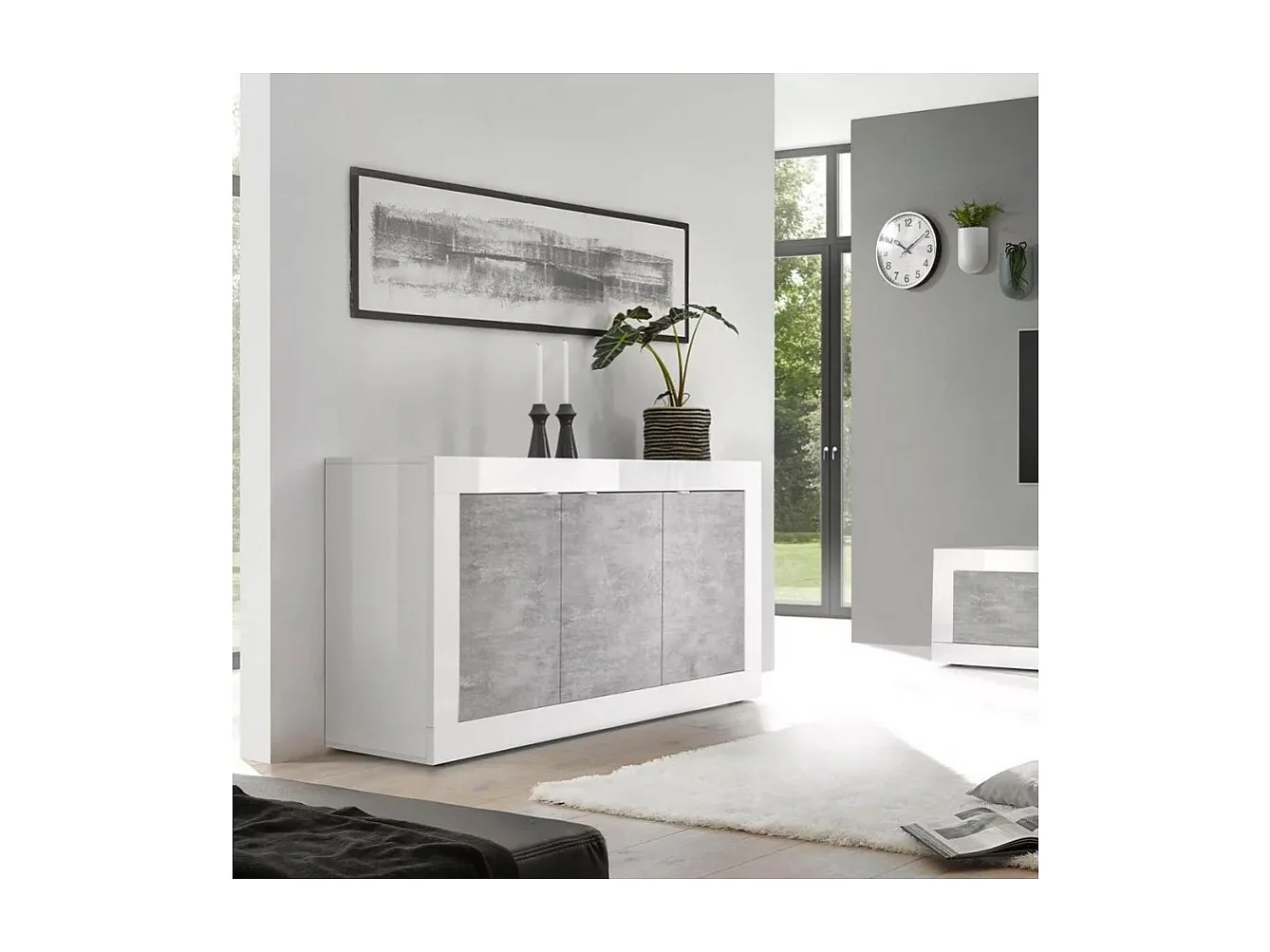 Buffet 3 portes, collection ISORA, coloris blanc et gris effet béton, idéal pour votre salon ou salle à manger
