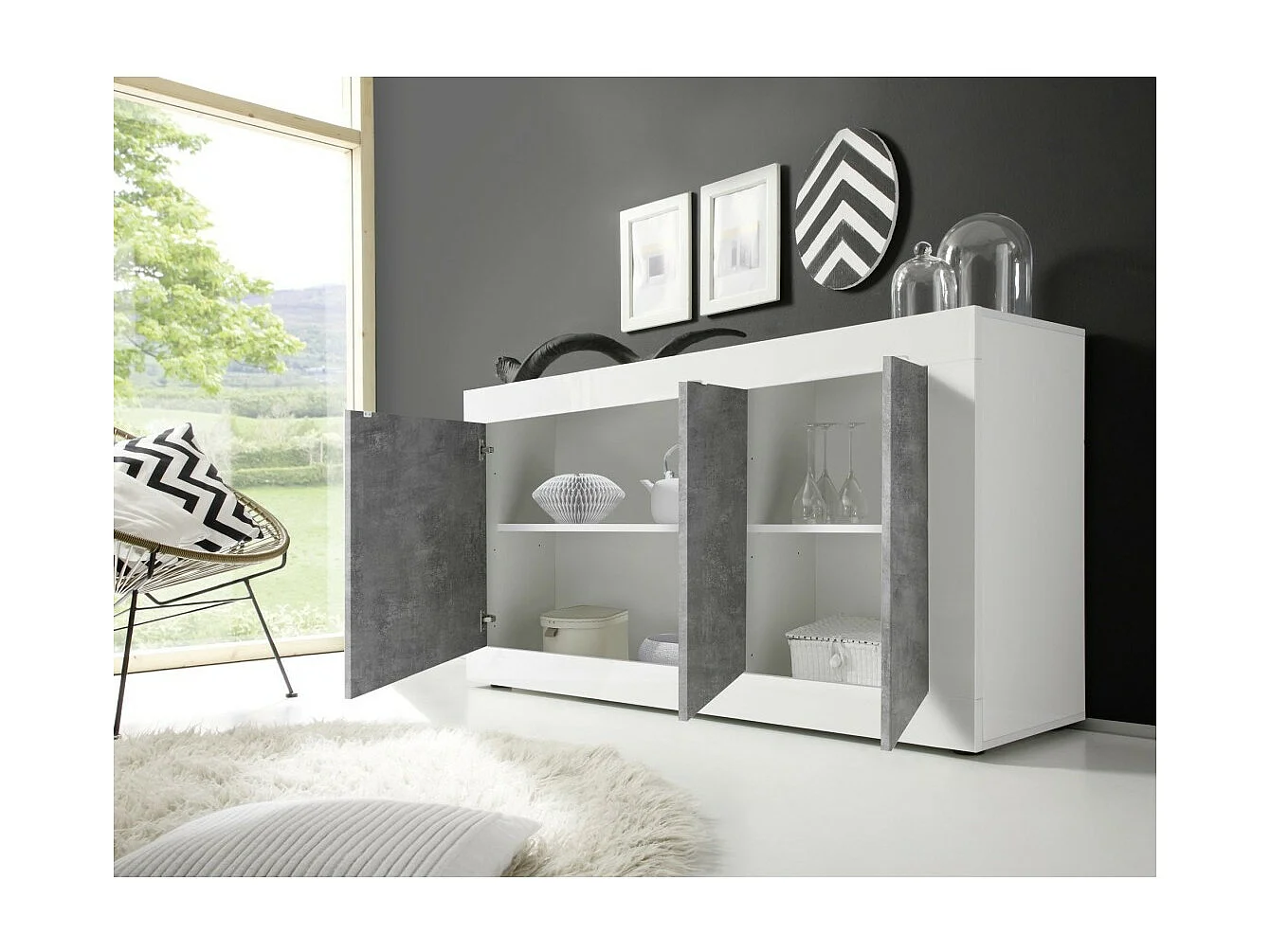 Buffet 3 portes, collection ISORA, coloris blanc et gris effet béton, idéal pour votre salon ou salle à manger