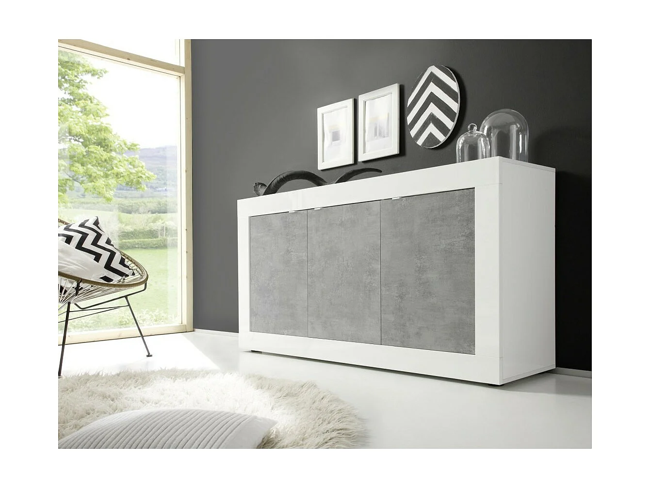 Buffet 3 portes, collection ISORA, coloris blanc et gris effet béton, idéal pour votre salon ou salle à manger