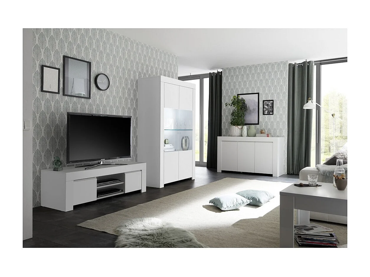 Buffet com 2 portas de vidro, coleção ZEFIR, na cor branco fosco, perfeito para a sua sala de jantar.