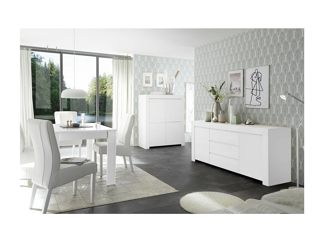 Buffet 4 porte, collezione ZEFIR, colore bianco opaco, ideale per il tuo soggiorno o sala da pranzo.