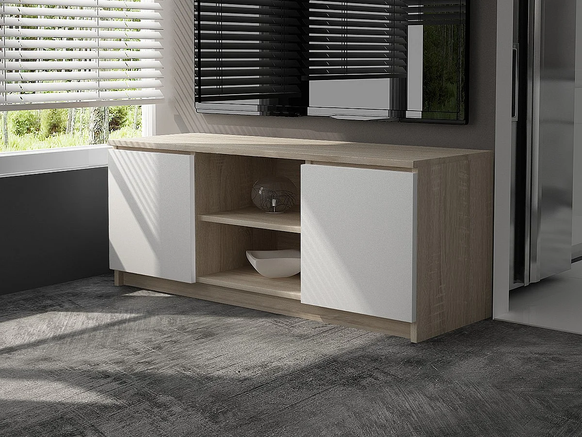 Meuble TV pour salon AKORD Chêne Sonoma 140 cm 2 portes façade Blanche 2 étagères 140x40x55 cm