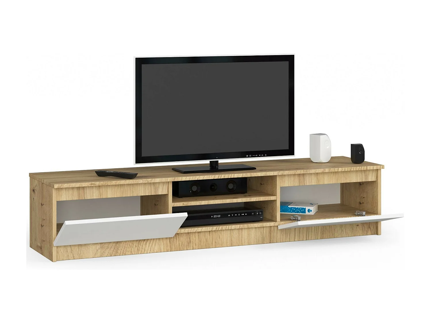 TV Schrank AKORD Fernsehkommode 160 cm Eiche Artisan 2 Türen 2 Ebenen Front Weiß B160 x H33 x T40 cm