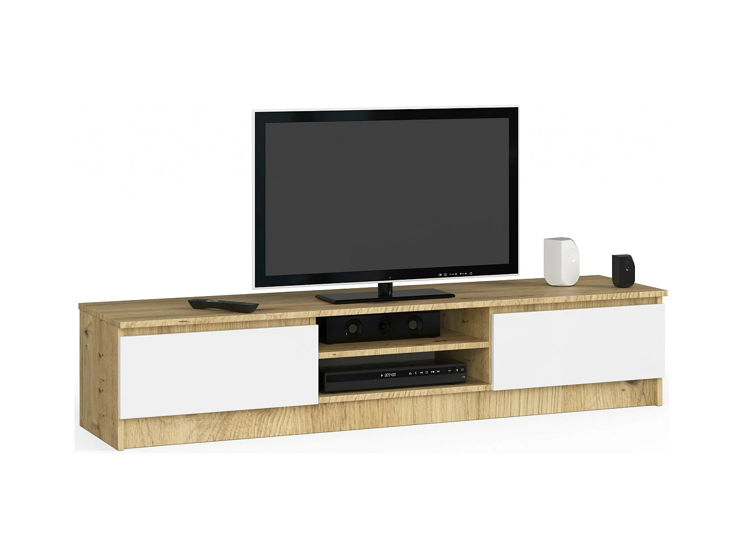 Meuble TV pour salon AKORD Chêne Artisan 160 cm 2 portes façade Blanche 2 étagères 160x40x33 cm