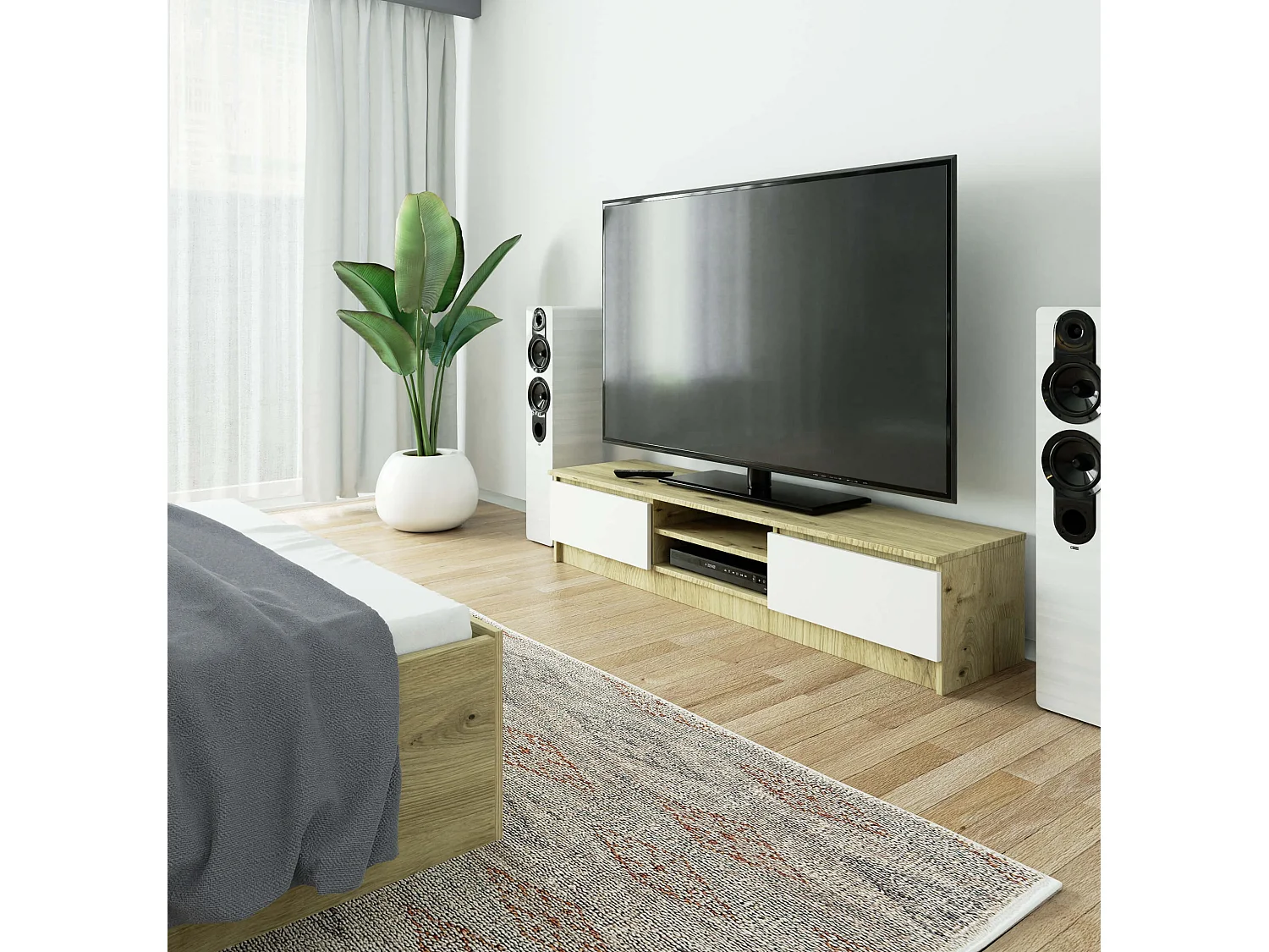 Meuble TV pour salon AKORD Chêne Artisan 160 cm 2 portes façade Blanche 2 étagères 160x40x33 cm