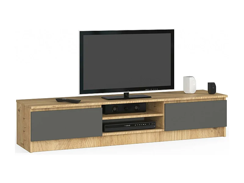 TV Meubel K160 met Deuren in Dąb Artisan en Grijs Mat - 160x33x40 cm Stijlvol Opslagunit, Laminaat Plaat, Zelfmontage Makkelijk.