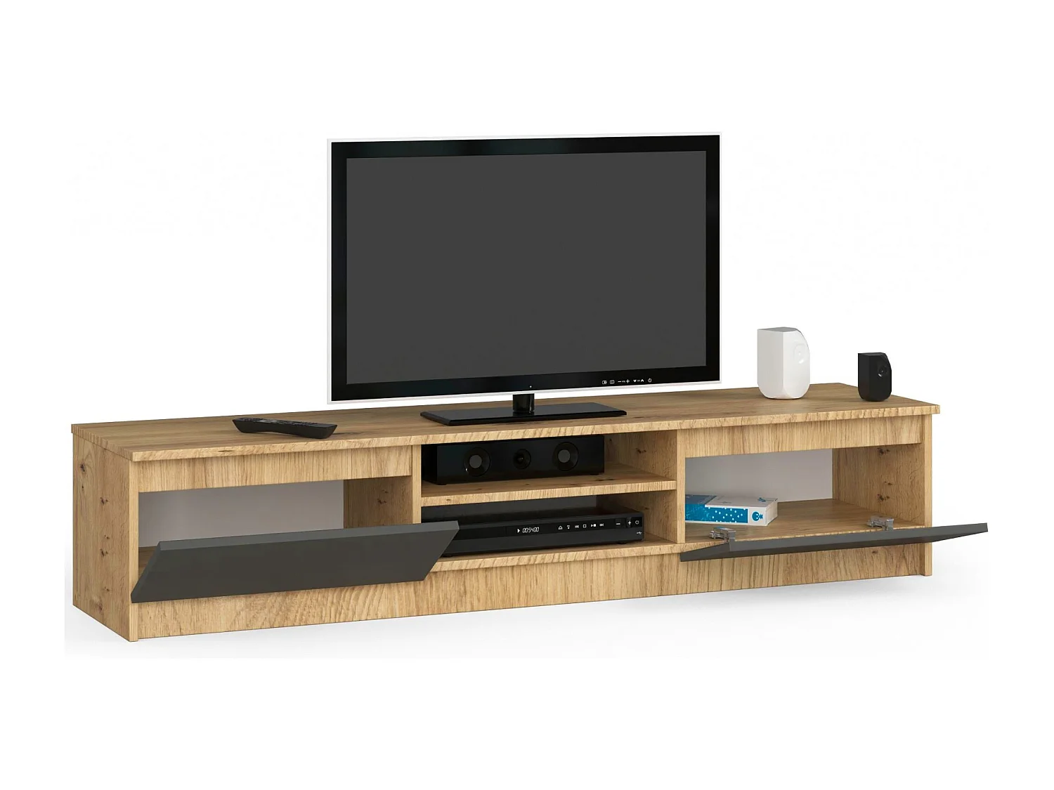 TV Meubel K160 met Deuren in Dąb Artisan en Grijs Mat - 160x33x40 cm Stijlvol Opslagunit, Laminaat Plaat, Zelfmontage Makkelijk.