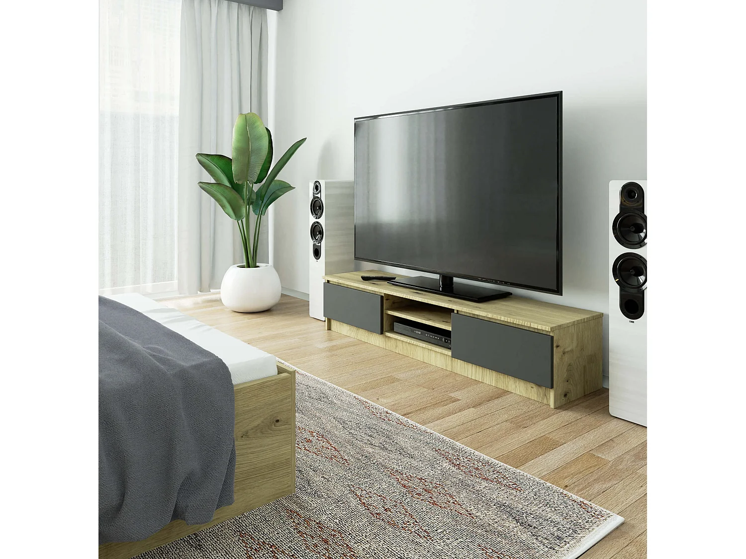 TV Meubel K160 met Deuren in Artisan Eik en Grijs Mat - 160x33x40 cm Stijlvol Opslagunit, Laminaat Plaat, Zelfmontage Makkelijk.