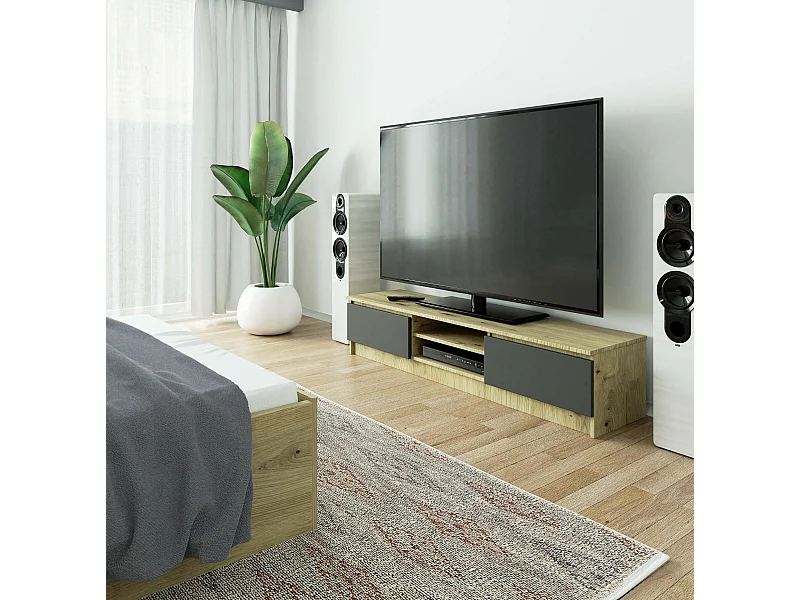 Meuble TV pour salon AKORD Chêne Artisan 160 cm 2 portes façade Gris Graphite 2 étagères 160x40x33 cm