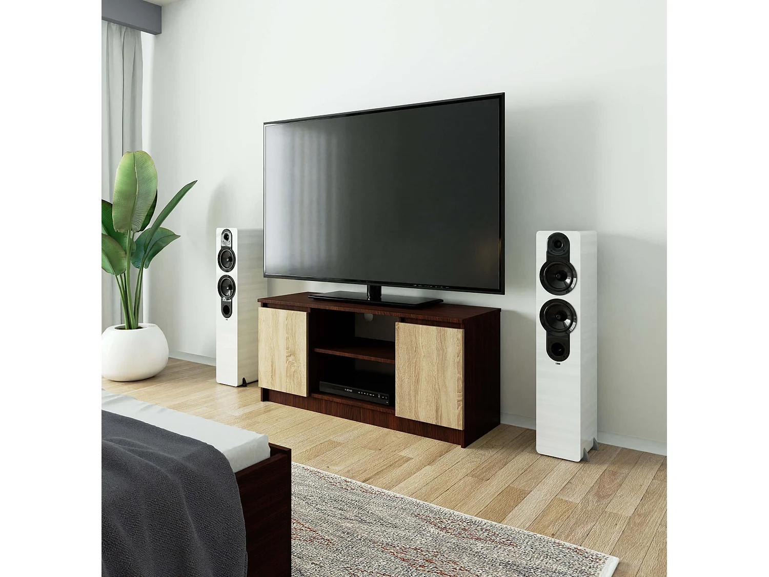 TV Schrank AKORD Fernsehkommode 120 cm Wenge 2 Türen 2 Ebenen Front Sonoma-Eiche B120 x H55 x T40 cm