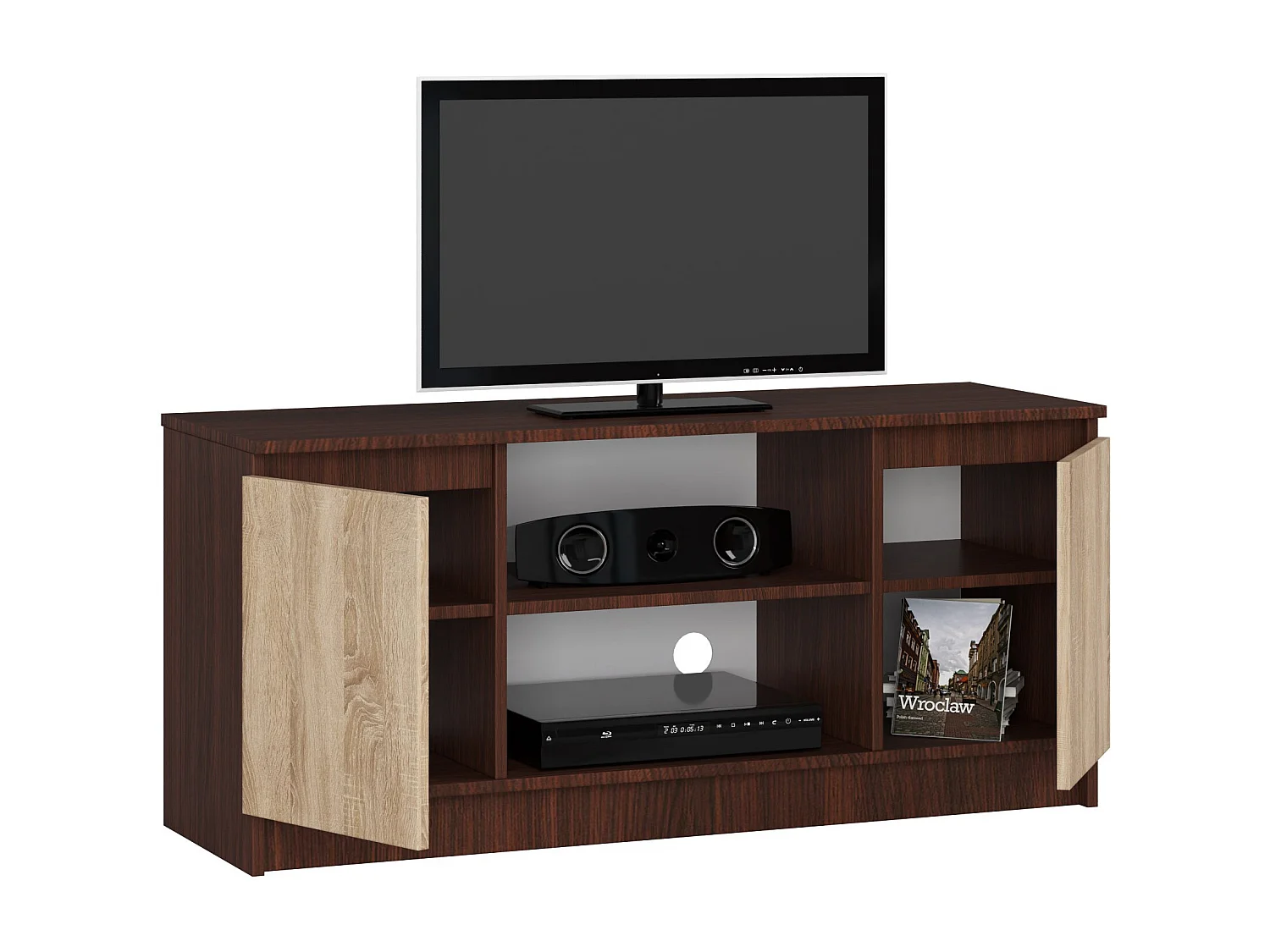 Meuble TV pour salon AKORD Wengé 120 cm 2 portes façade Chêne Sonoma 2 étagères 120x40x55 cm