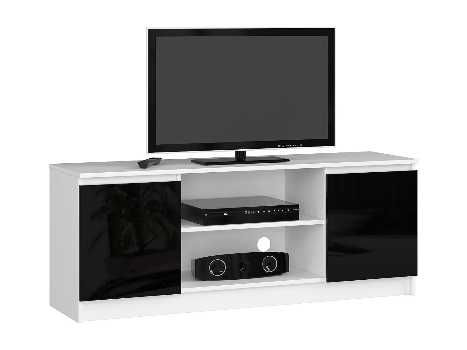 Meuble TV pour salon AKORD Blanc 140 cm 2 portes façade Noir Brillant 2 étagères 140x40x55 cm