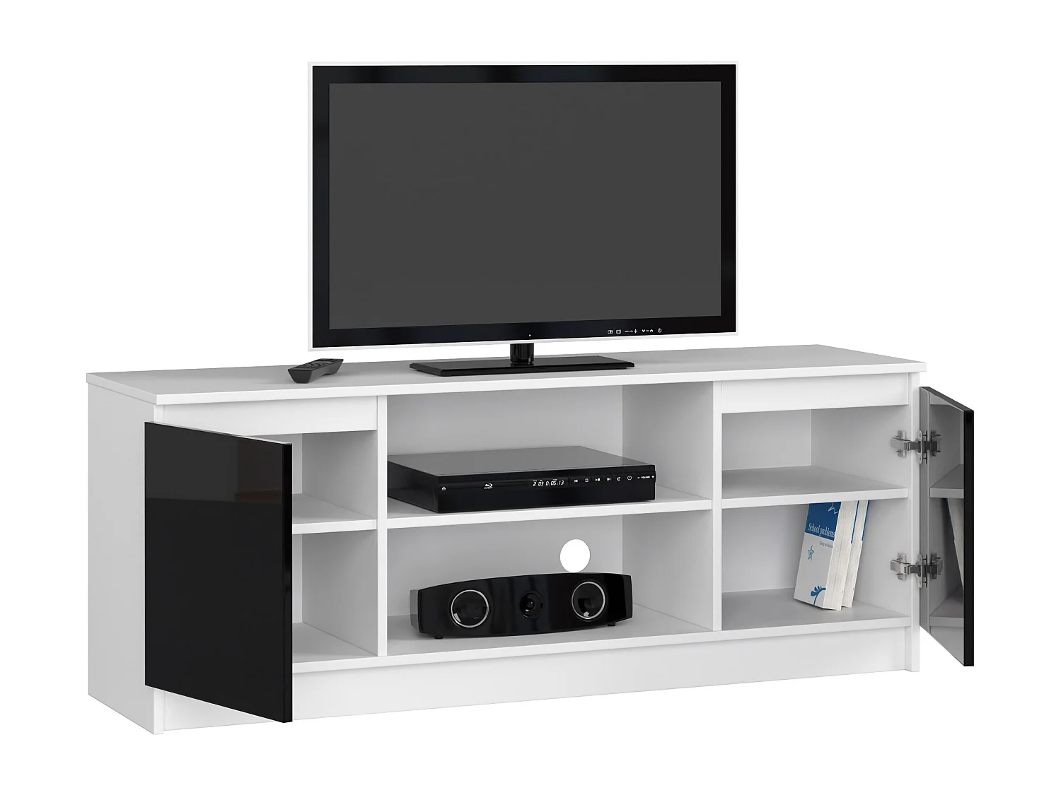 Meuble TV pour salon AKORD Blanc 140 cm 2 portes façade Noir Brillant 2 étagères 140x40x55 cm