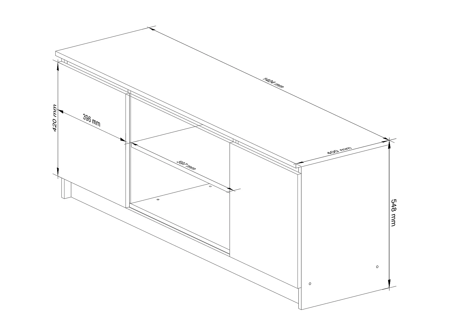 Meuble TV pour salon AKORD Blanc 140 cm 2 portes façade Noir Brillant 2 étagères 140x40x55 cm