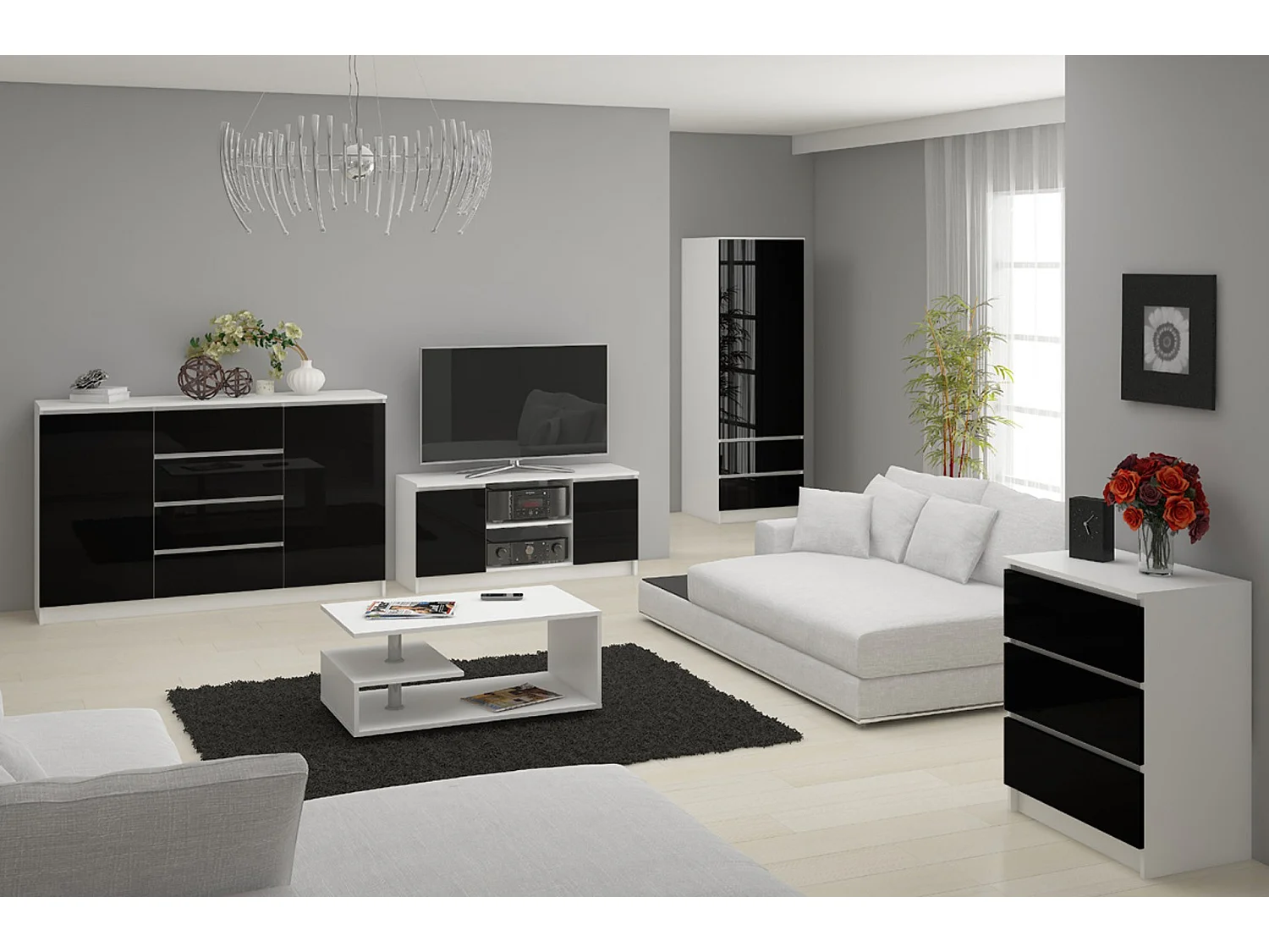 Meuble TV pour salon AKORD Blanc 140 cm 2 portes façade Noir Brillant 2 étagères 140x40x55 cm
