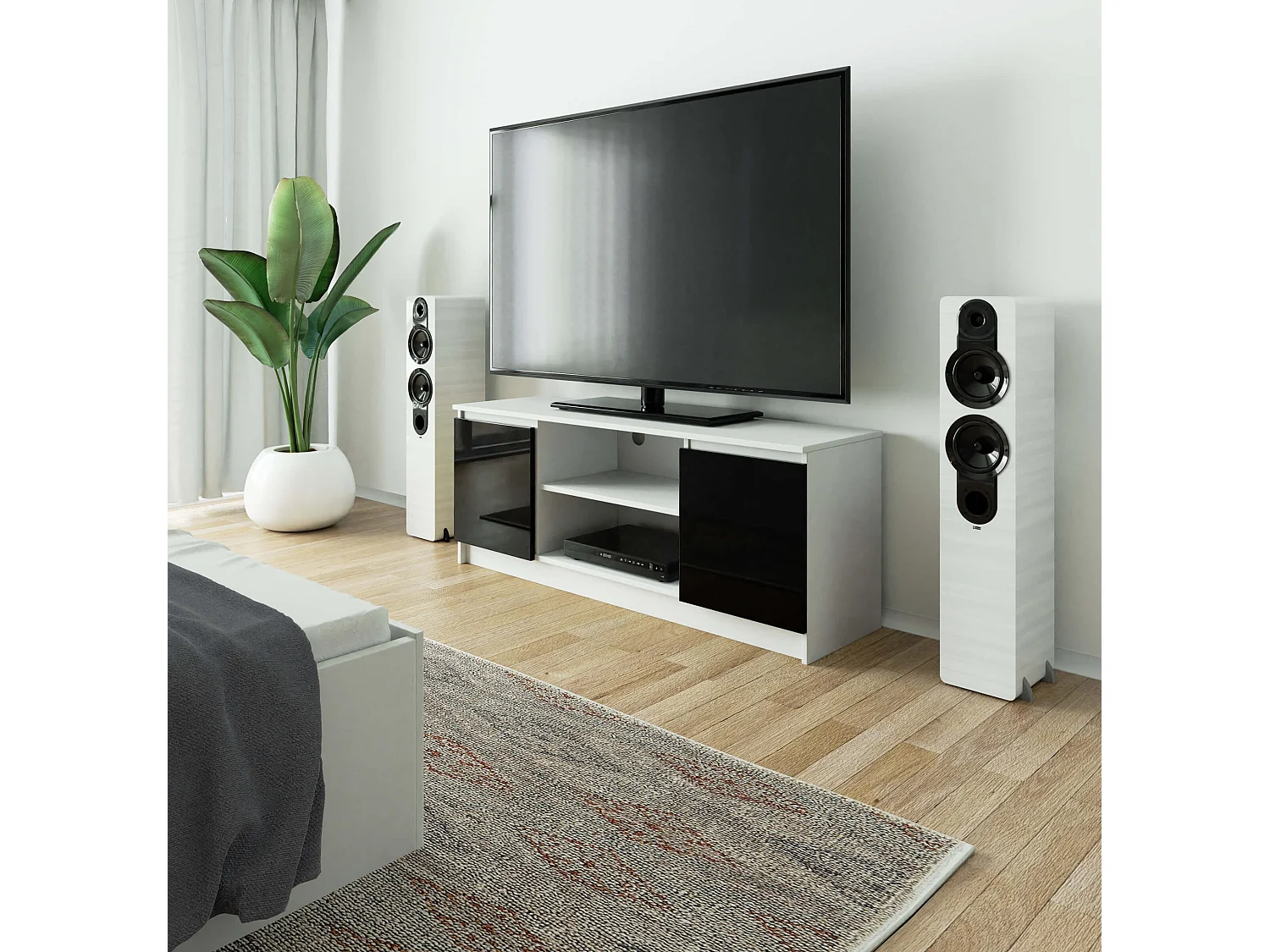 Meuble TV pour salon AKORD Blanc 140 cm 2 portes façade Noir Brillant 2 étagères 140x40x55 cm