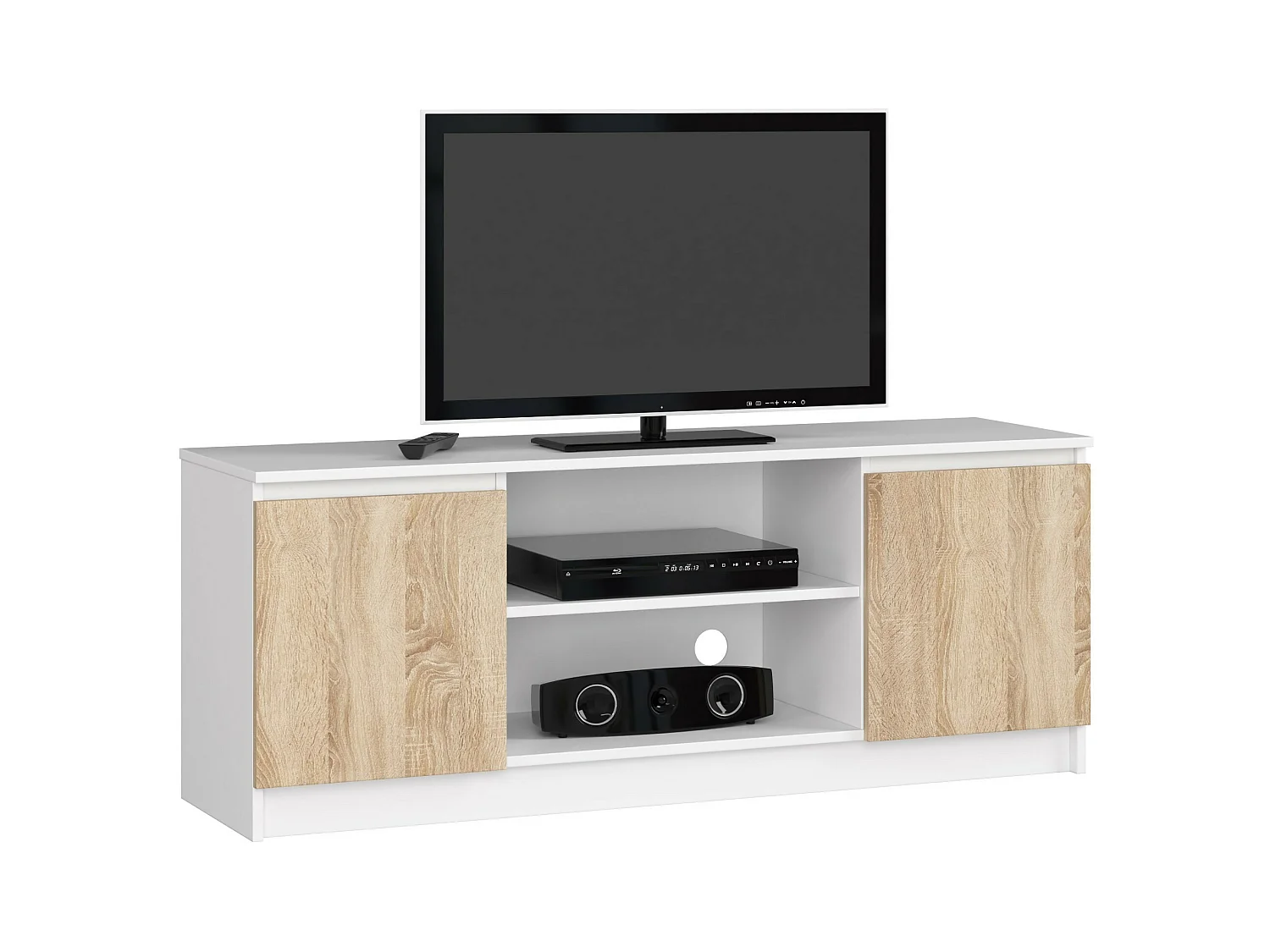 Meuble TV pour salon AKORD Blanc 140 cm 2 portes façade Chêne Sonoma 2 étagères 140x40x55 cm