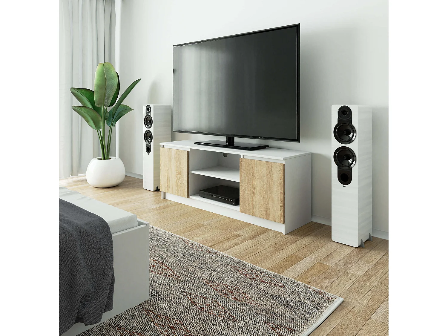 TV-Kast 140 cm Staand | 2 Deuren 1 Plank | Mat Wit met Sonoma Eiken | Moderne Woonkamermeubel | Zelfmontage