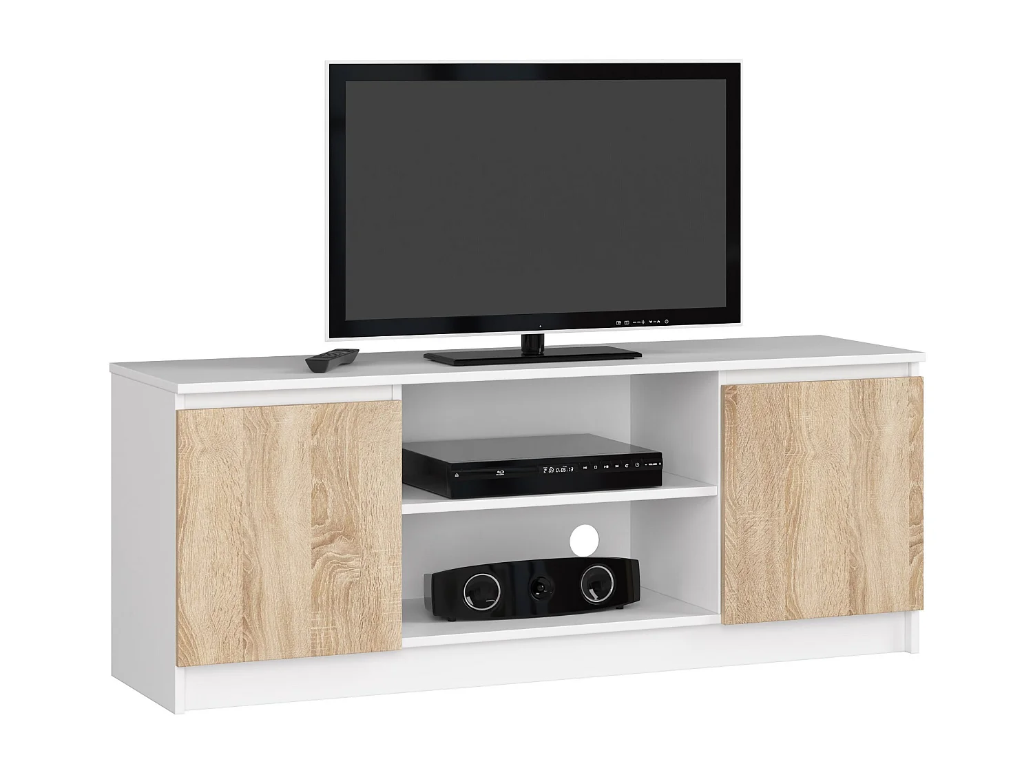 Meuble TV pour salon AKORD Blanc 140 cm 2 portes façade Chêne Sonoma 2 étagères 140x40x55 cm