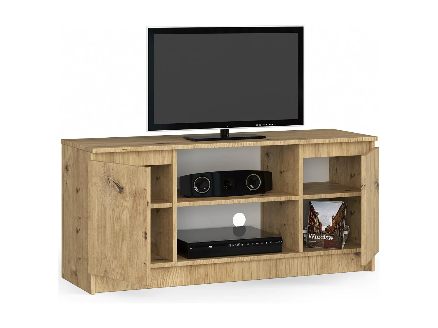 Meuble TV pour salon AKORD Chêne Artisan 120 cm 2 portes façade Chêne Artisan 2 étagères 120x40x55 cm