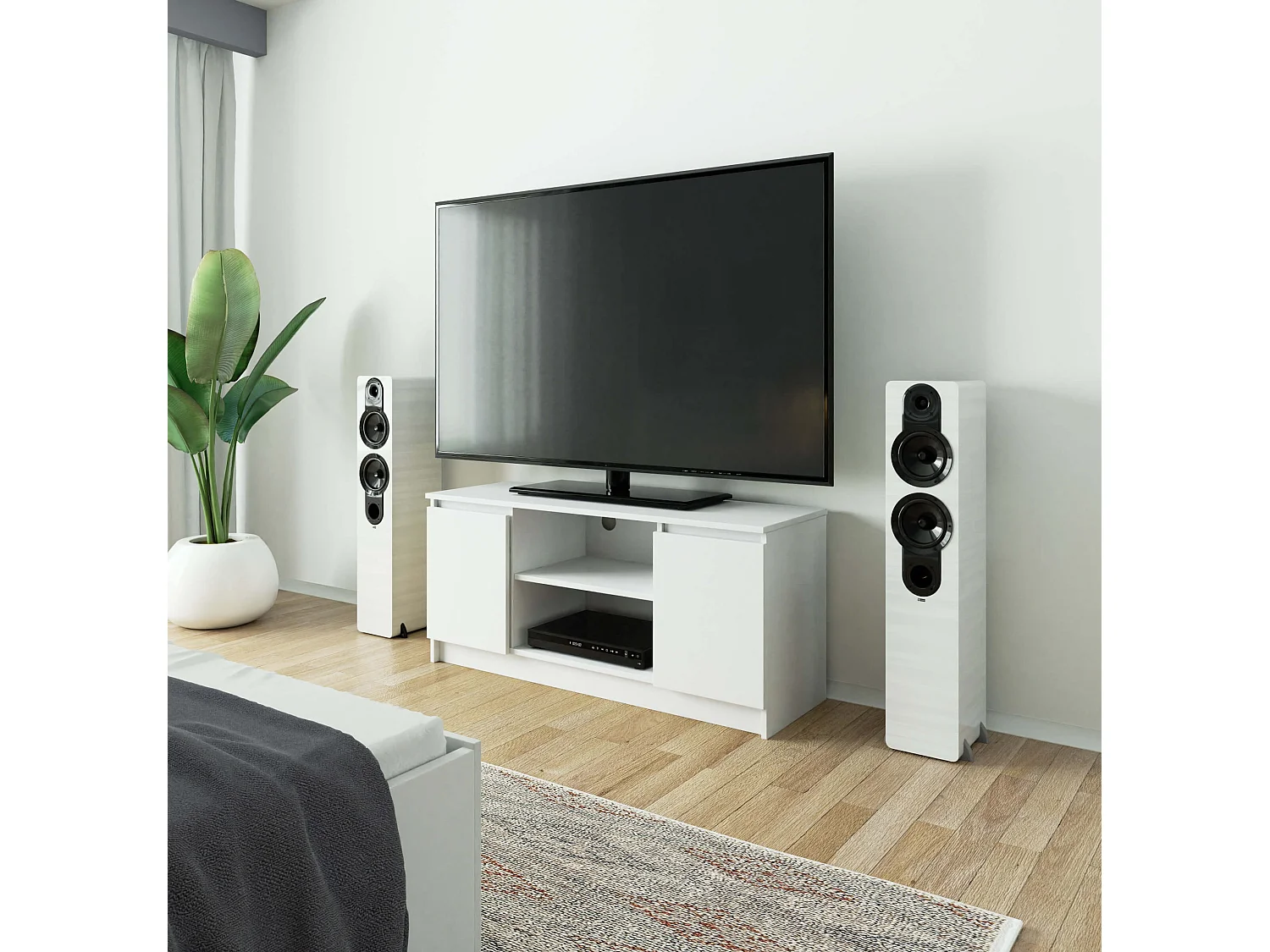 Witte TV-kast 120 cm - 2 Deuren 1 Plank - Moderne Stijl voor Zelfmontage
