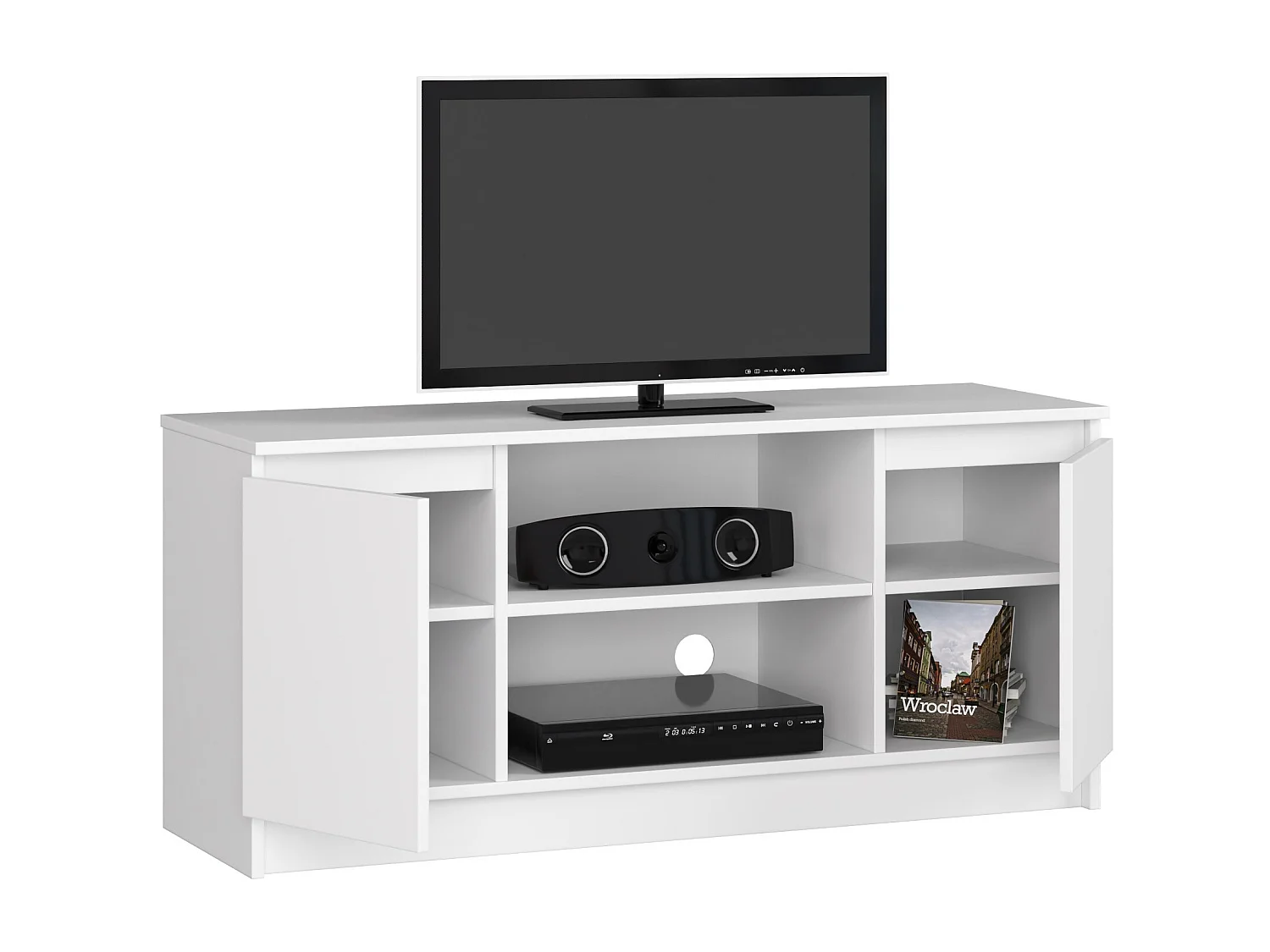 Meuble TV pour salon AKORD Blanc 120 cm 2 portes façade Blanche 2 étagères 120x40x55 cm