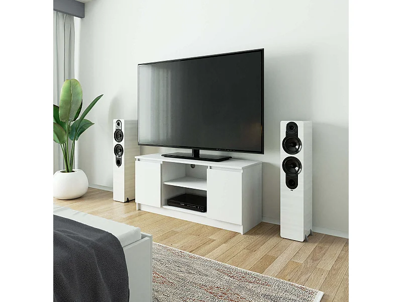 Mueble de TV AKORD Blanco 120 cm 2 puertas frente en color Blanco 2 estantes 120x40x55 cm