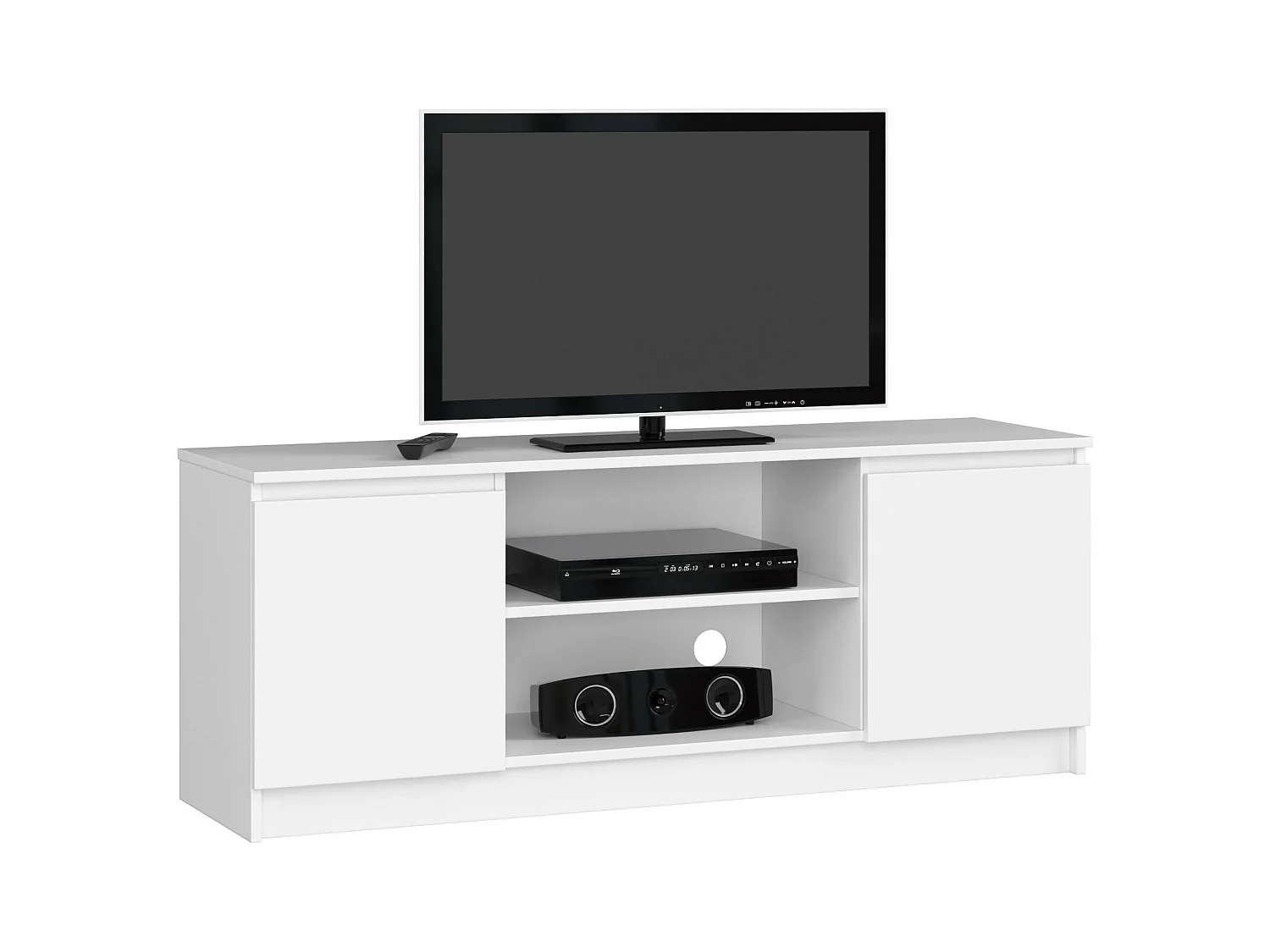 Meuble TV pour salon AKORD Blanc 140 cm 2 portes façade Blanche 2 étagères 140x40x55 cm