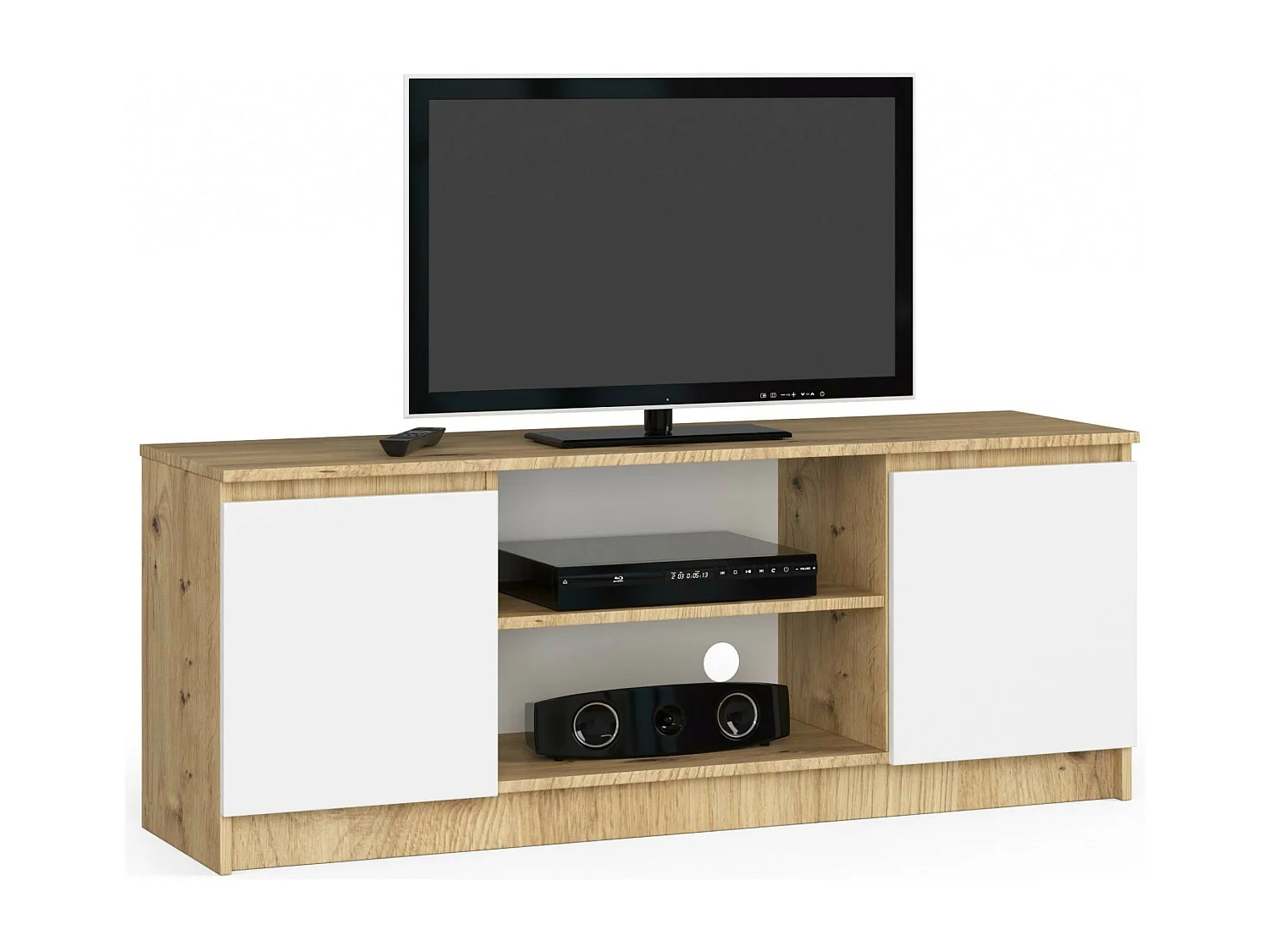 TV Schrank AKORD Fernsehkommode 140 cm Eiche Artisan 2 Türen 2 Ebenen Front Weiß B140 x H55 x T40 cm
