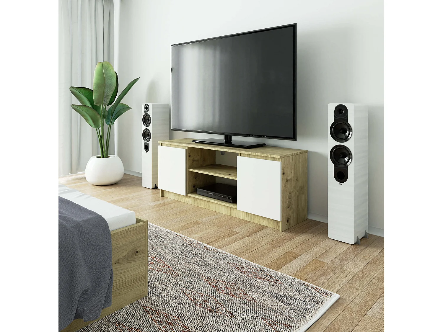 TV Schrank AKORD Fernsehkommode 140 cm Eiche Artisan 2 Türen 2 Ebenen Front Weiß B140 x H55 x T40 cm