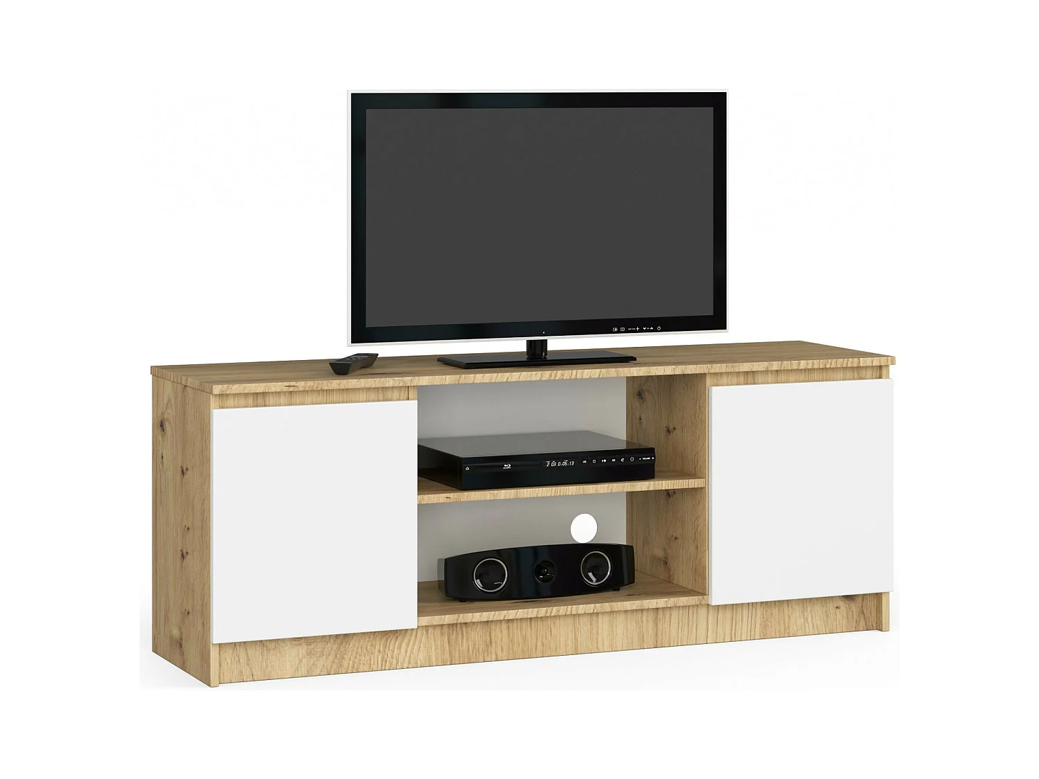 Meuble TV pour salon AKORD Chêne Artisan 140 cm 2 portes façade Blanche 2 étagères 140x40x55 cm