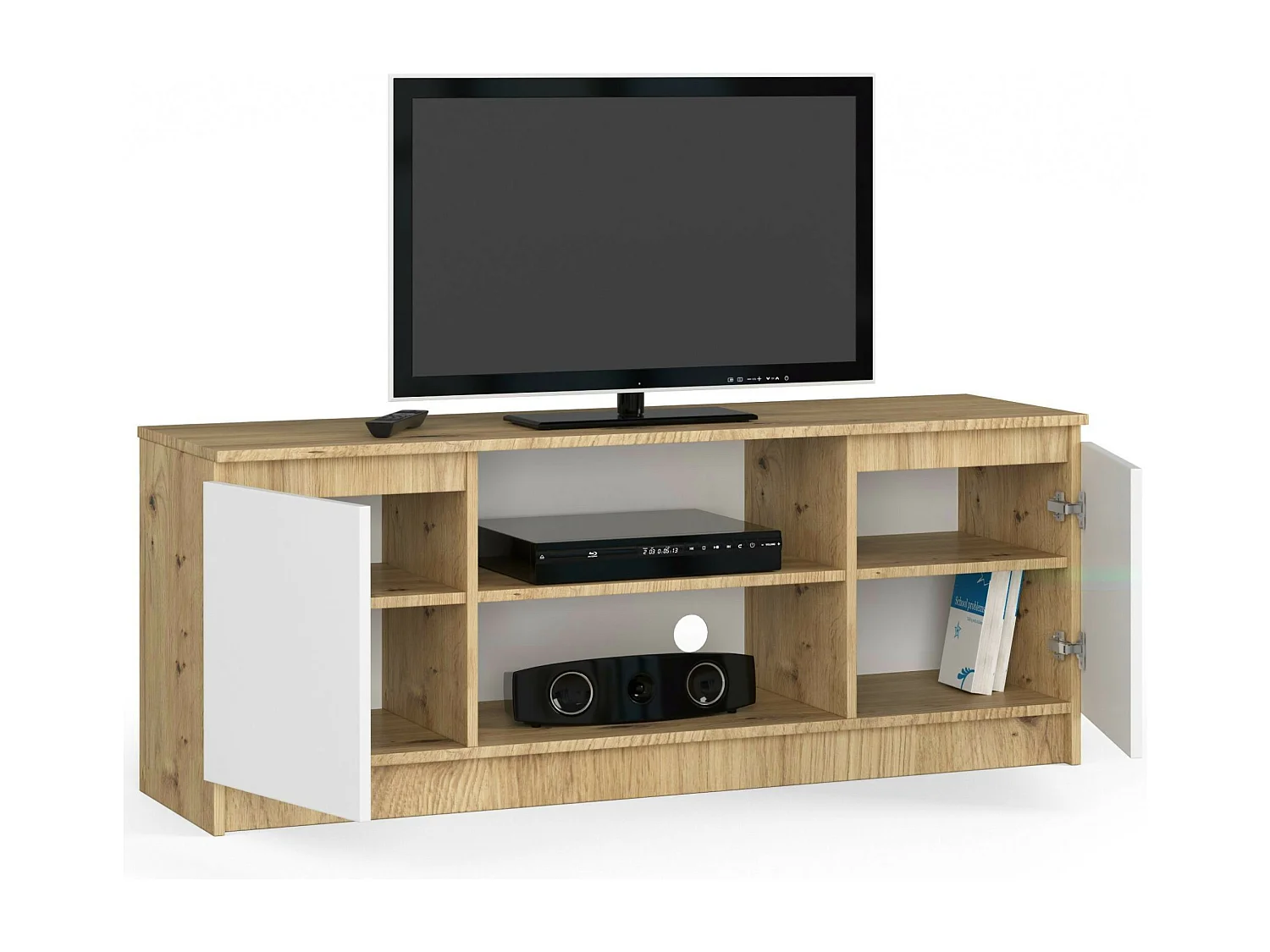 Meuble TV pour salon AKORD Chêne Artisan 140 cm 2 portes façade Blanche 2 étagères 140x40x55 cm