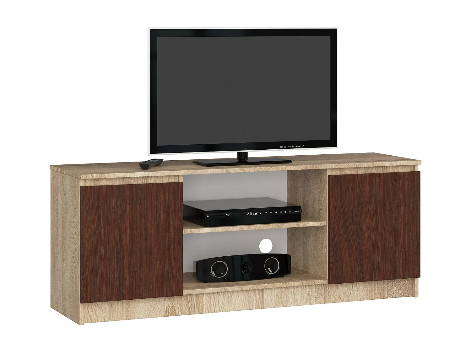 Meuble TV pour salon AKORD Chêne Sonoma 140 cm 2 portes façade Wengé 2 étagères 140x40x55 cm