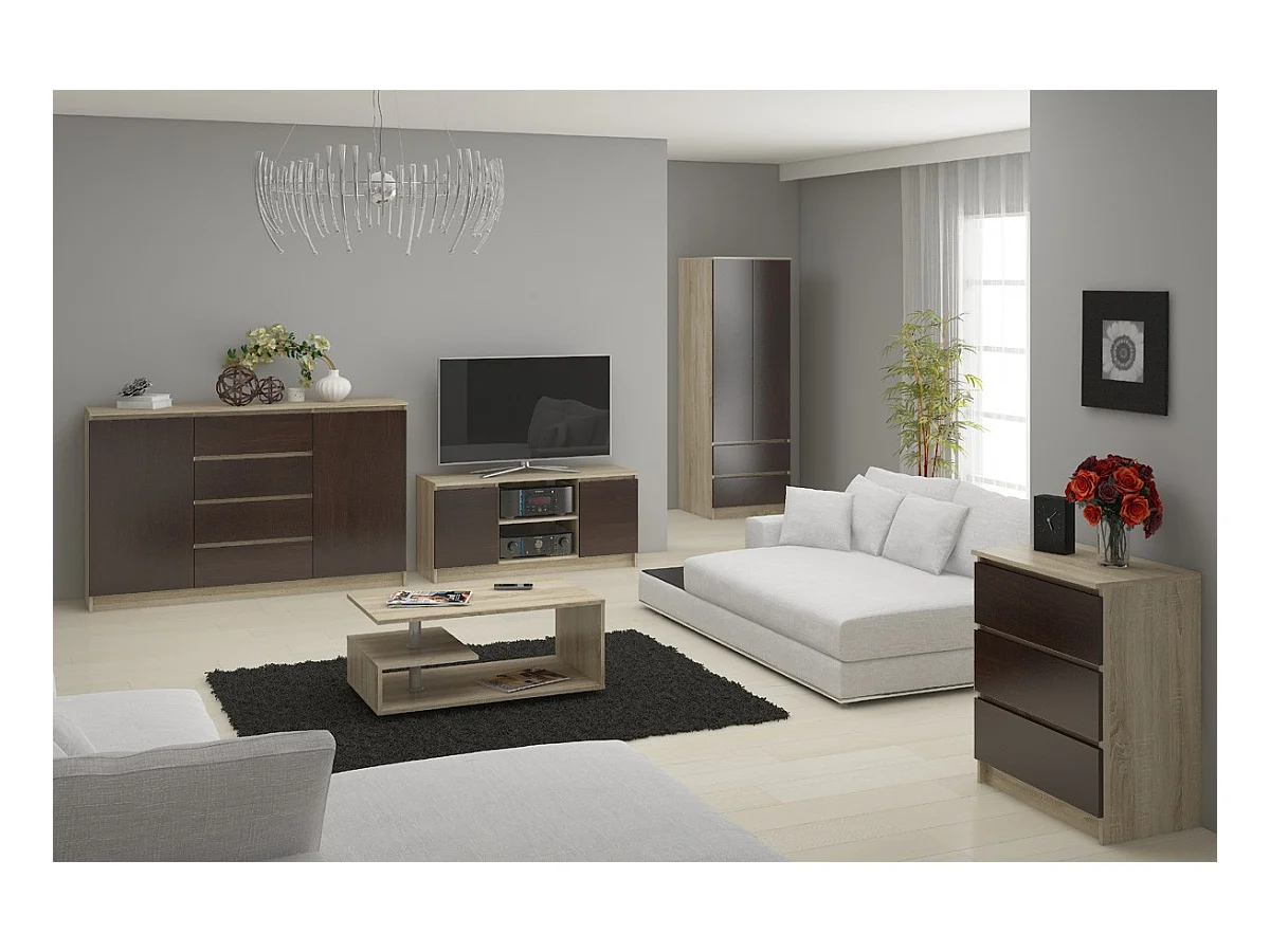 Meuble TV pour salon AKORD Chêne Sonoma 140 cm 2 portes façade Wengé 2 étagères 140x40x55 cm